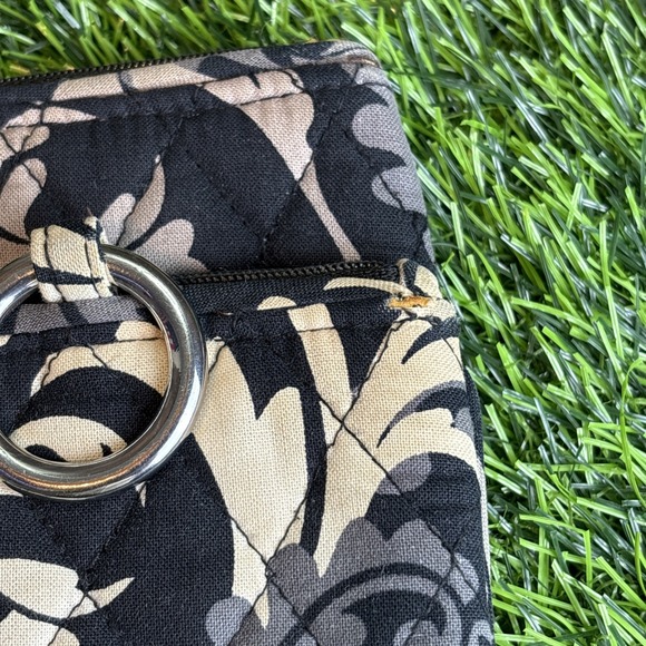 Vera Bradley Quilted Zip Wallet Black Gray Yellow Floral w/ Ring Pull - Picture 2 of 8